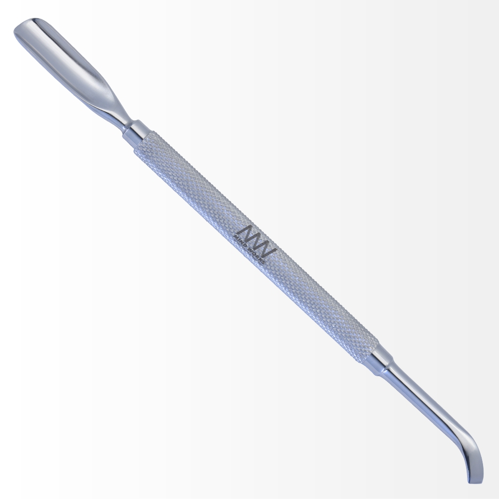 Stainless Steel Scooped & Curved Knife Dual Head Cuticle Pusher With Antiskid Secured Textured Grip