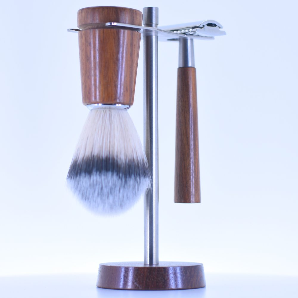 Professional Stainless Steel Shaving Brush & Safety Razor Stand With Solid Weighted Wooden Base