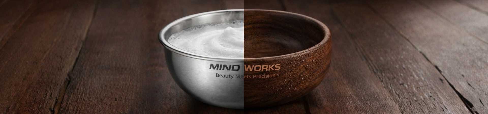 Wholesale shaving bowls collection featuring double-wall stainless steel for heat retention and waterproof lacquered wooden bowls for men's grooming sets