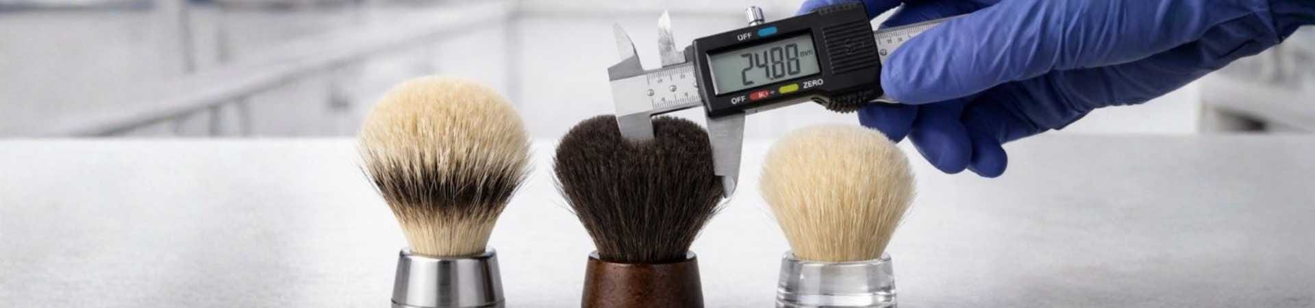 Wholesale shaving brush collection showing Silvertip Badger, Boar, and Synthetic knots with caliper measurement for quality control