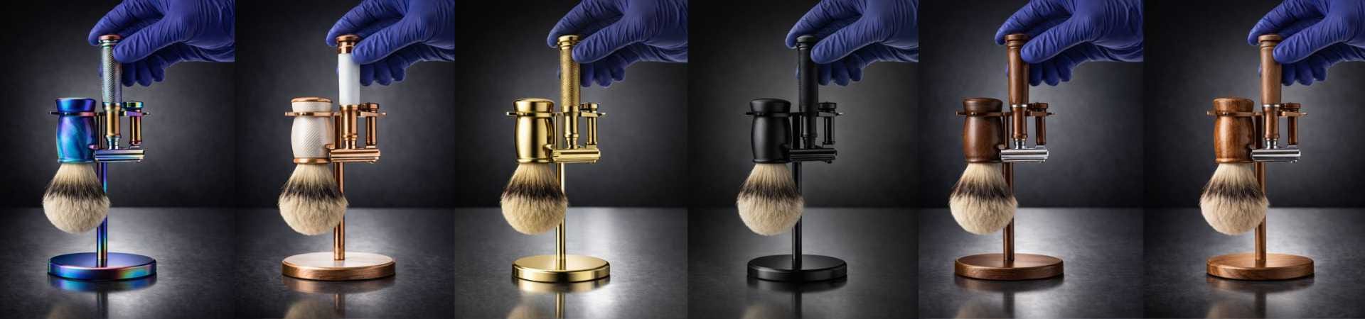 Professional shaving stands collection in rainbow PVD, rose gold, brass, matte black, and wooden finishes being adjusted by a gloved hand for wholesale quality control